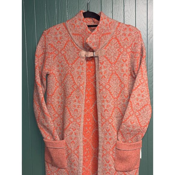 Chiaramente Wool Blend jacquard Cardigan Sweater– Made in Italy– Orange/Beige S - Picture 2 of 9